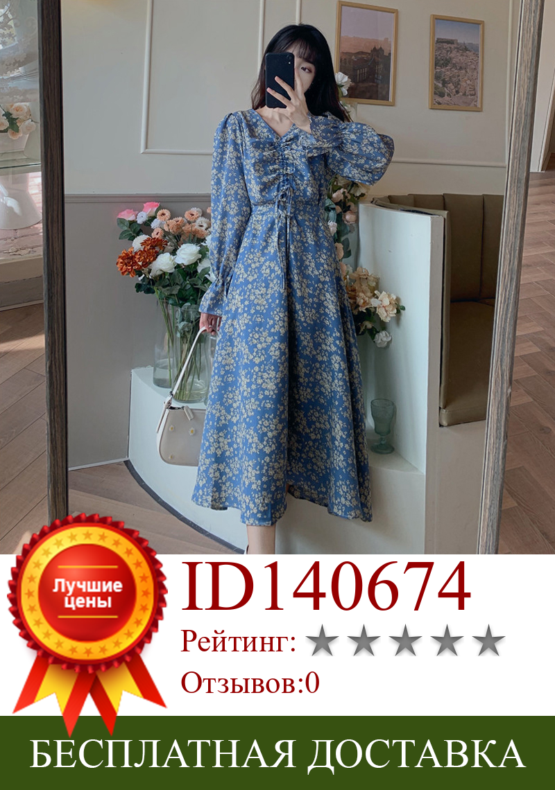 Изображение товара: Женское платье с цветочным принтом, нежное платье с V-образным вырезом, с высокой талией, с длинным рукавом, в Корейском стиле, Q298, Осень-зима, 2020