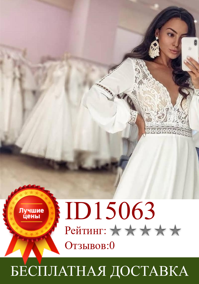 Изображение товара: Свадебное платье с длинным рукавом 2021 Chiifon, белое богемное свадебное платье с V-образным вырезом и поясом, на заказ