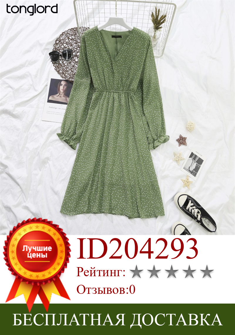 Изображение товара: Женское шифоновое платье Tonglord, винтажное платье в горошек с длинным рукавом и v-образным вырезом, винтажное платье с эластичной резинкой на талии, осень 2020
