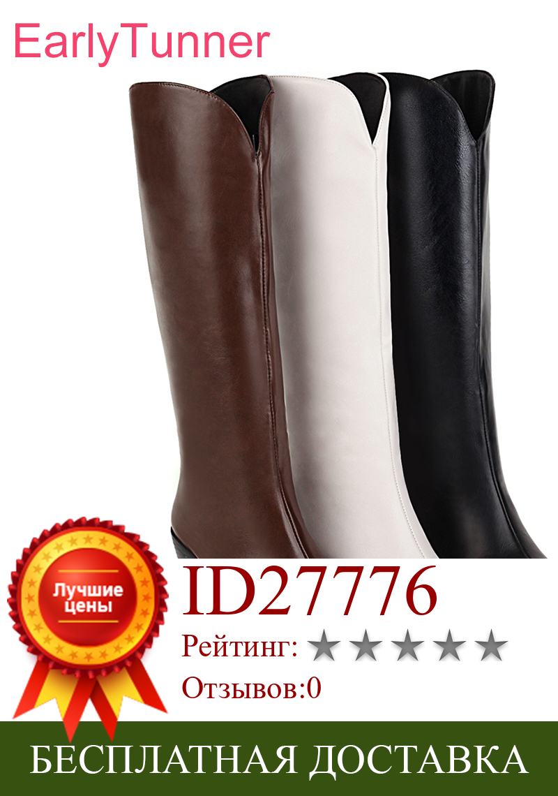 Изображение товара: Женские сапоги до середины икры, черные или коричневые классические сапоги на высоком каблуке, размеры 10, 43, 45, 48, для зимы