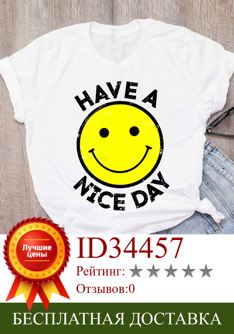 Изображение товара: Летняя одежда с цветочным рисунком, милые модные топы с мультипликационным принтом kpop Smile, футболка в стиле Харадзюку, винтажная женская футболка