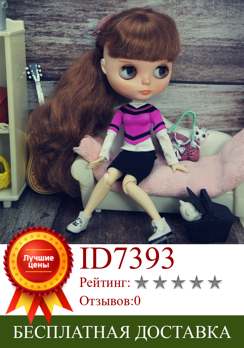 Изображение товара: Модный кукольный комплект одежды для куклы Blythe, фиолетовая футболка, топ, джинсовая юбка, платье для куклы Blyth, 1/6, куклы, аксессуары, игрушка