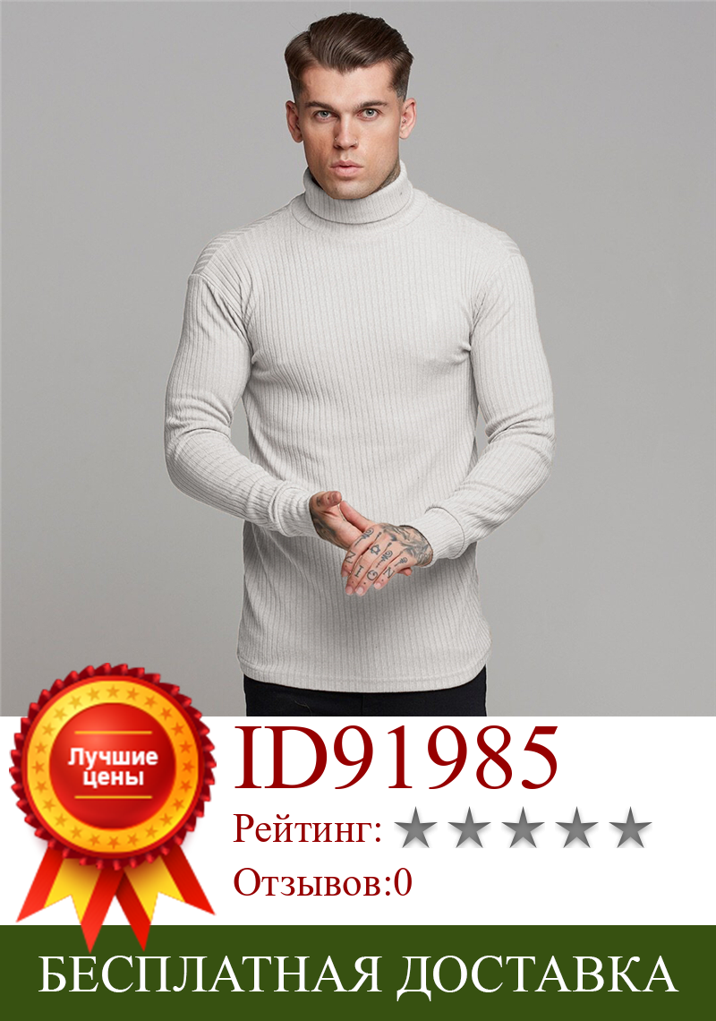Изображение товара: Новинка Осень 2021, мужские свитера с высоким воротником, мужские однотонные облегающие вязаные пуловеры, модные повседневные свитеры, вязаная одежда, мужские пуловеры