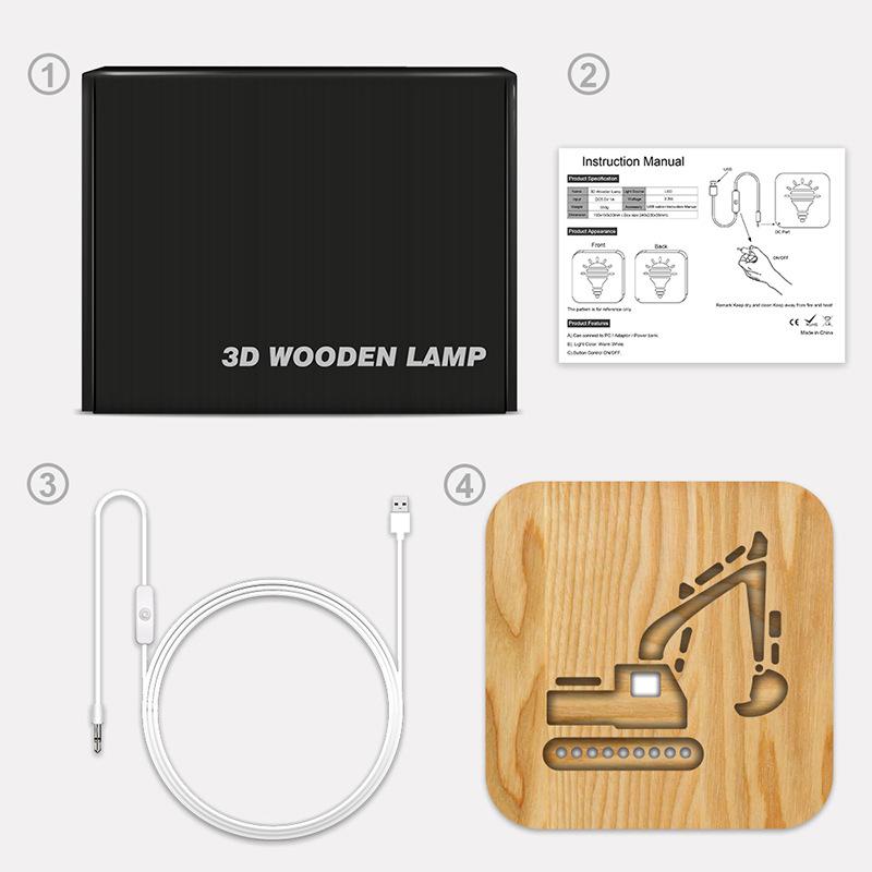 Изображение товара: Новый деревянный светодиодный 3d-светильник в форме экскаватора, ночной Светильник для резьбы по дереву, креативный подарок для детей, украшение для дома и спальни