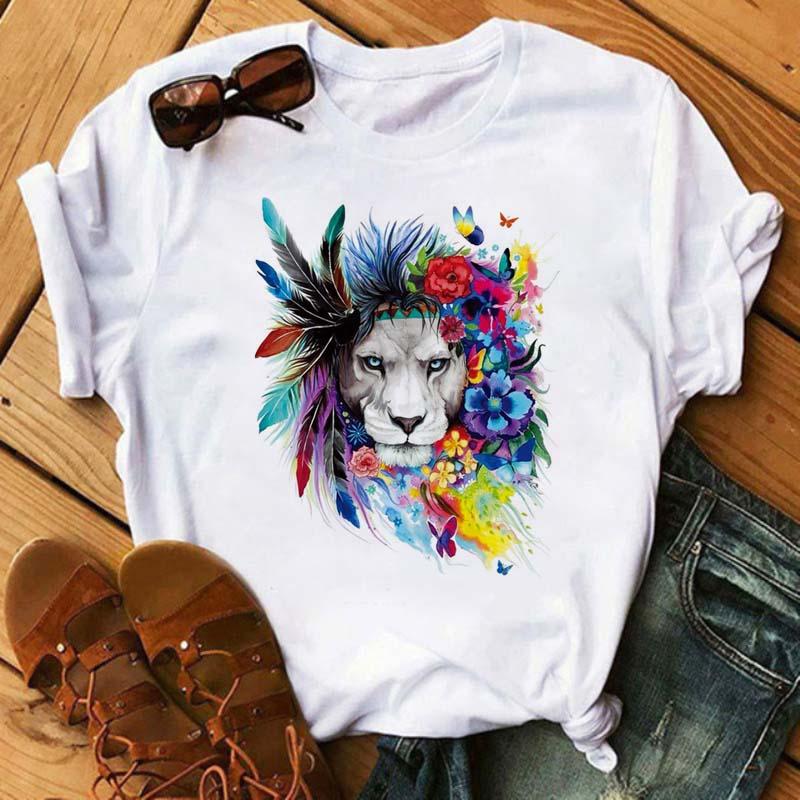 Изображение товара: Женская футболка Maycaur в стиле Харадзюку, мультяшный волк, тигр, Лев, принт, Дамская Футболка в стиле хип-хоп, летняя уличная одежда, женские топы