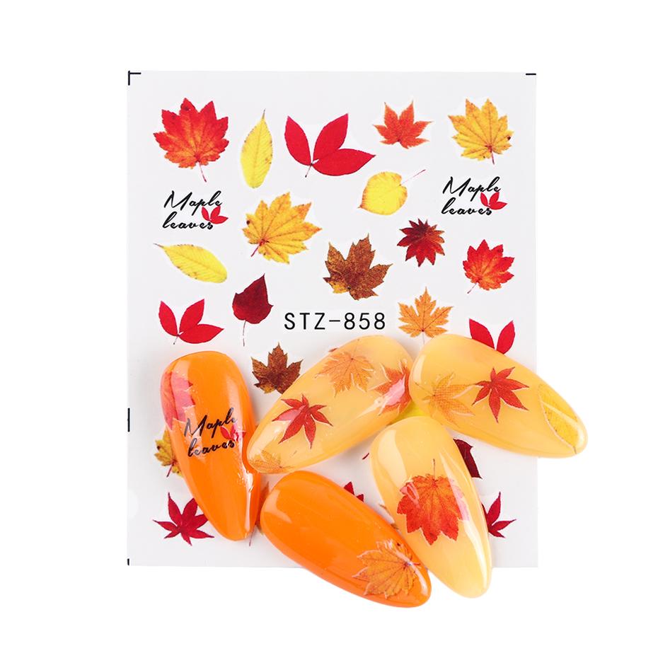 Изображение товара: Наклейки для ногтей с листьями осени, 4 шт., золотые, желтые, кленовые листья, Водные Наклейки, слайдеры, фольга, осенний дизайн для маникюра ногтей FT204