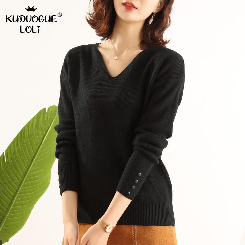 Изображение товара: New Korean Style Women Knit Sweater Warm V-neck Pullovers Bottoming Shirt Loose And Thin Solid Color Casual Ol Autumn And Winter