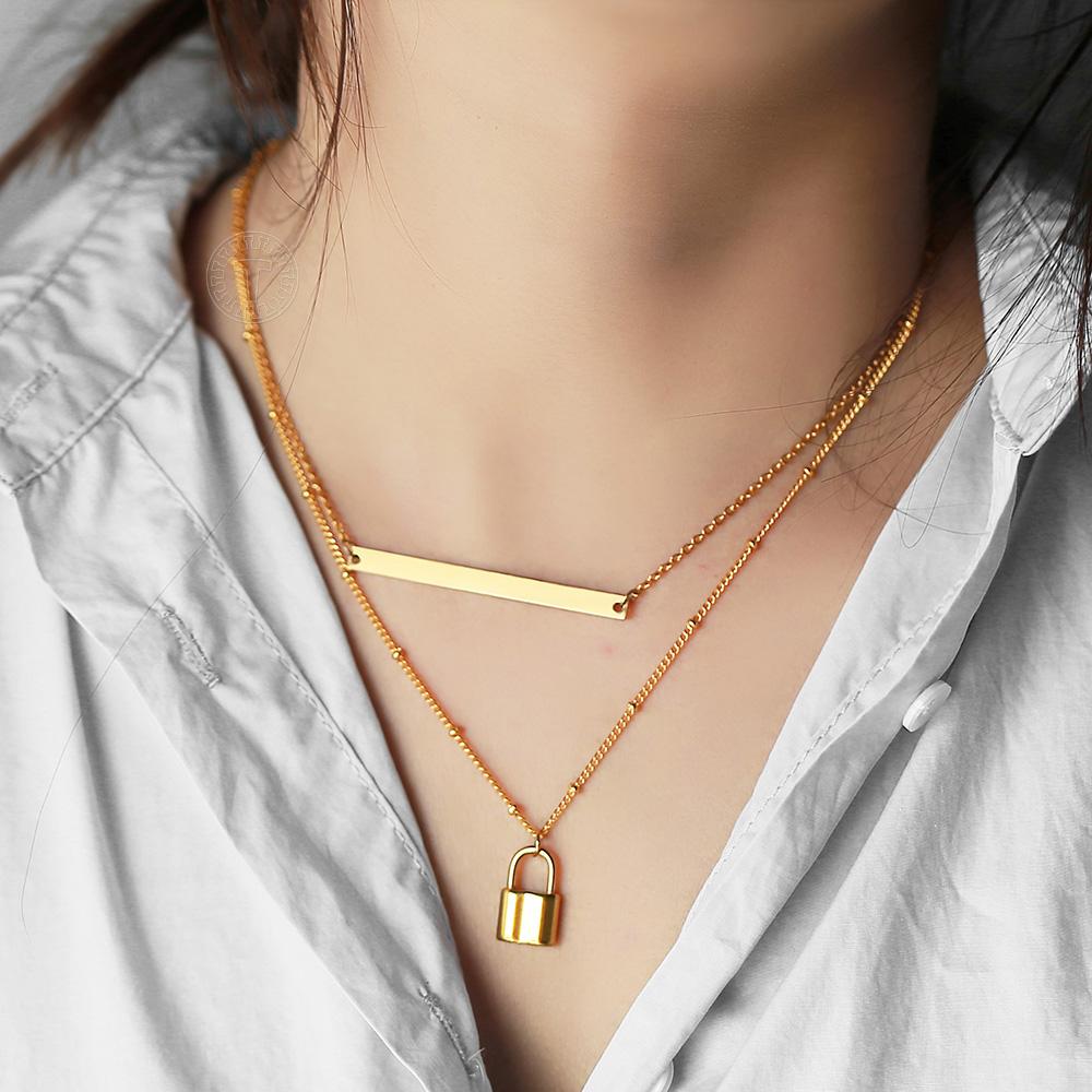 Изображение товара: Персонализированное ожерелье-чокер Satellite LDS09 для женщин, цепочка из нержавеющей стали с многослойной подвеской-замком, 1,5 мм, золотой цвет