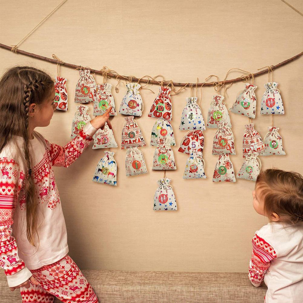 Изображение товара: Рождественский мешок для конфет с рисунком 1-24, календарь для Адвента, пакет из хлопка и льна, Подарочный мешок, Топпер для домашнего стола, Рождественское украшение