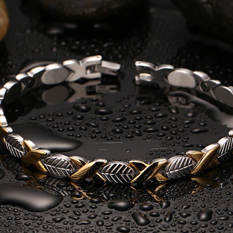 Изображение товара: Магнитные браслеты с листьями для женщин и мужчин, женский браслет из нержавеющей стали со звеньями Цепи, магнитный браслет для здоровья и энергетики
