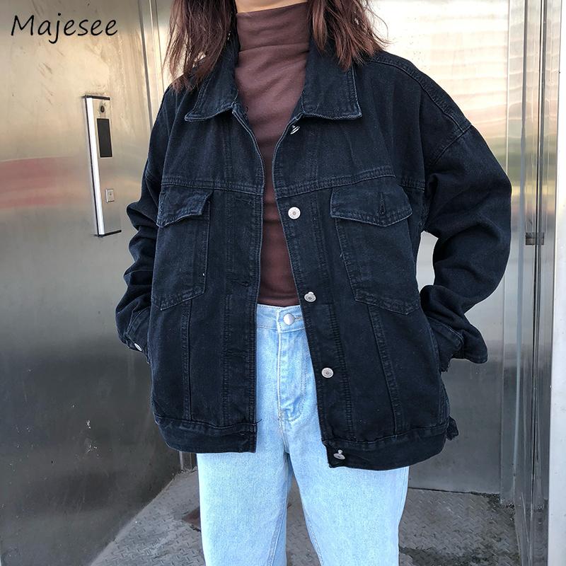 Изображение товара: Женская джинсовая куртка, классическая черная однобортная куртка с карманами, в Корейском стиле, в стиле Харадзюку, повседневная верхняя одежда