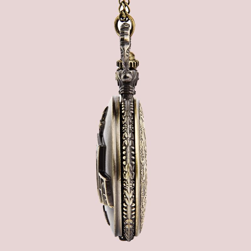Изображение товара: Часы на цепочке для мужчин и женщин, уникальные карманные часы с ожерельем в стиле ретро, исламский замок, с бронзовой гравировкой, изысканный повседневный дизайн