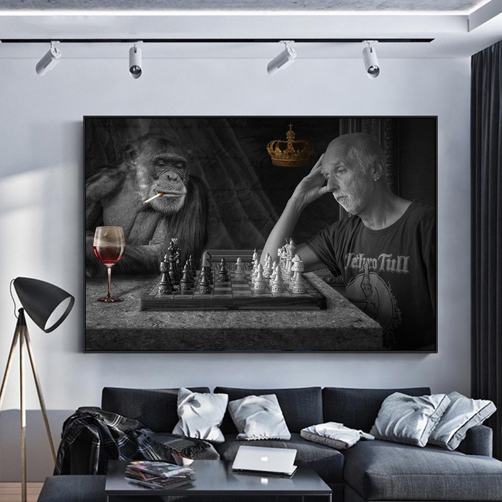 Изображение товара: Обезьянки играющие шахматы творческое искусство холст картины черно-белые животные постеры и фотообои для декора гостиной