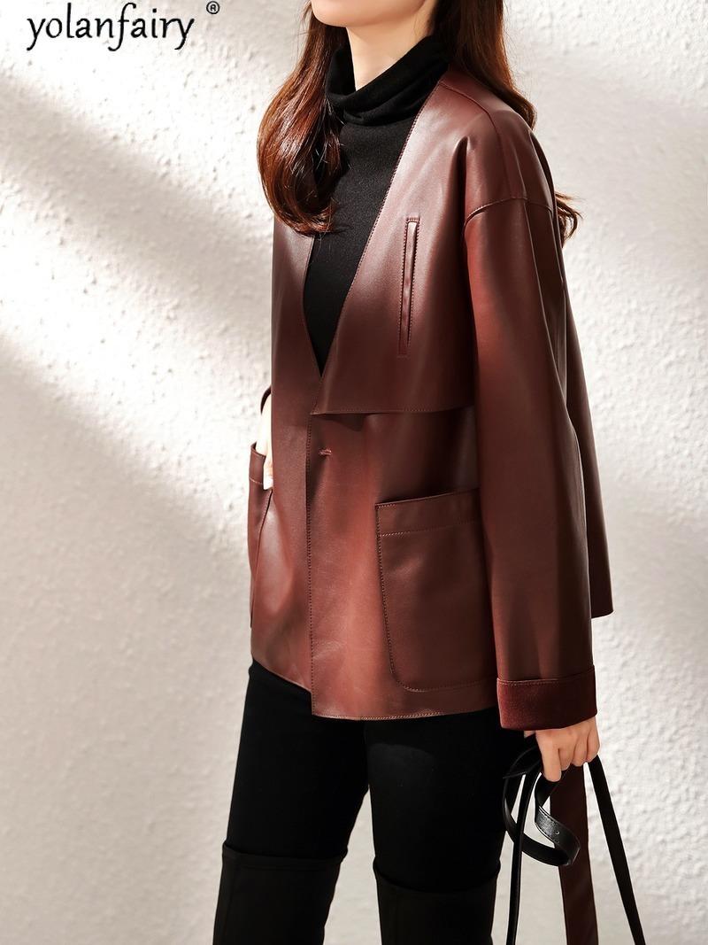 Изображение товара: Genuine Leather Jacket Women 2020 Natural Lambskin Leather Coat Female Spring Autumn Sheepskin Blazer Leather Trench Coat KJ5931