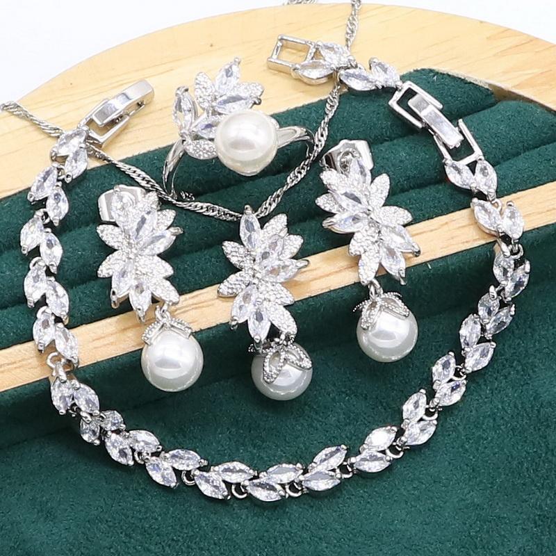 Изображение товара: Серебро 925 пробы, набор украшений для женщин, серьги с белым жемчугом, кольцо с подвеской, циркониевый браслет, подарок на день рождения