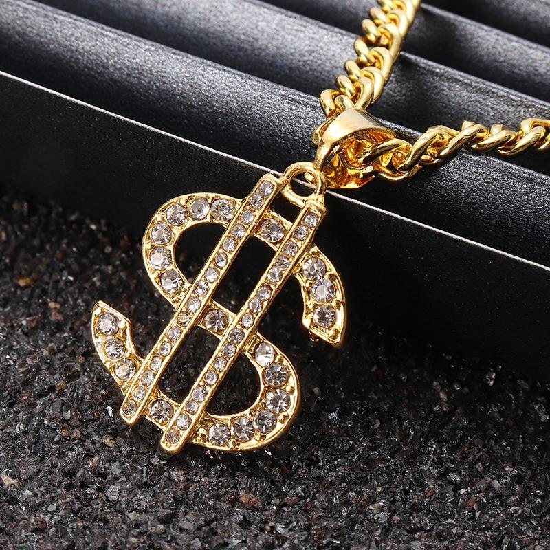 Изображение товара: Ожерелье с кулоном в виде доллара США для мужчин и женщин, Классическая цепь кубинской формы в стиле хип-хоп, колье с кристаллами золотого цвета с надписью «$ Money», колье в стиле рок