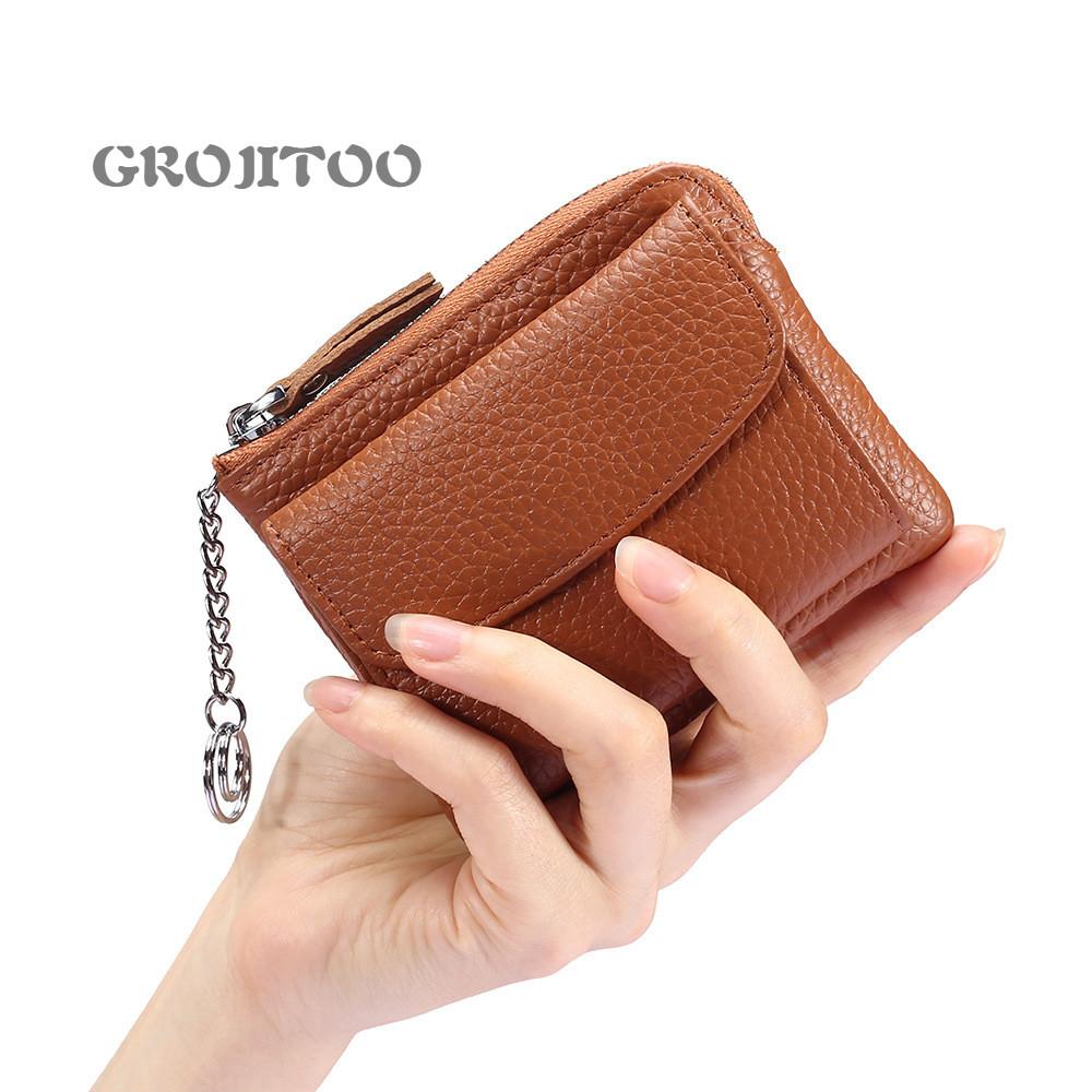 Изображение товара: Кошелек для монет GROJITOO, из натуральной кожи, с несколькими отделениями, простая мини-сумка на молнии, женский маленький кошелек, сумка для карт