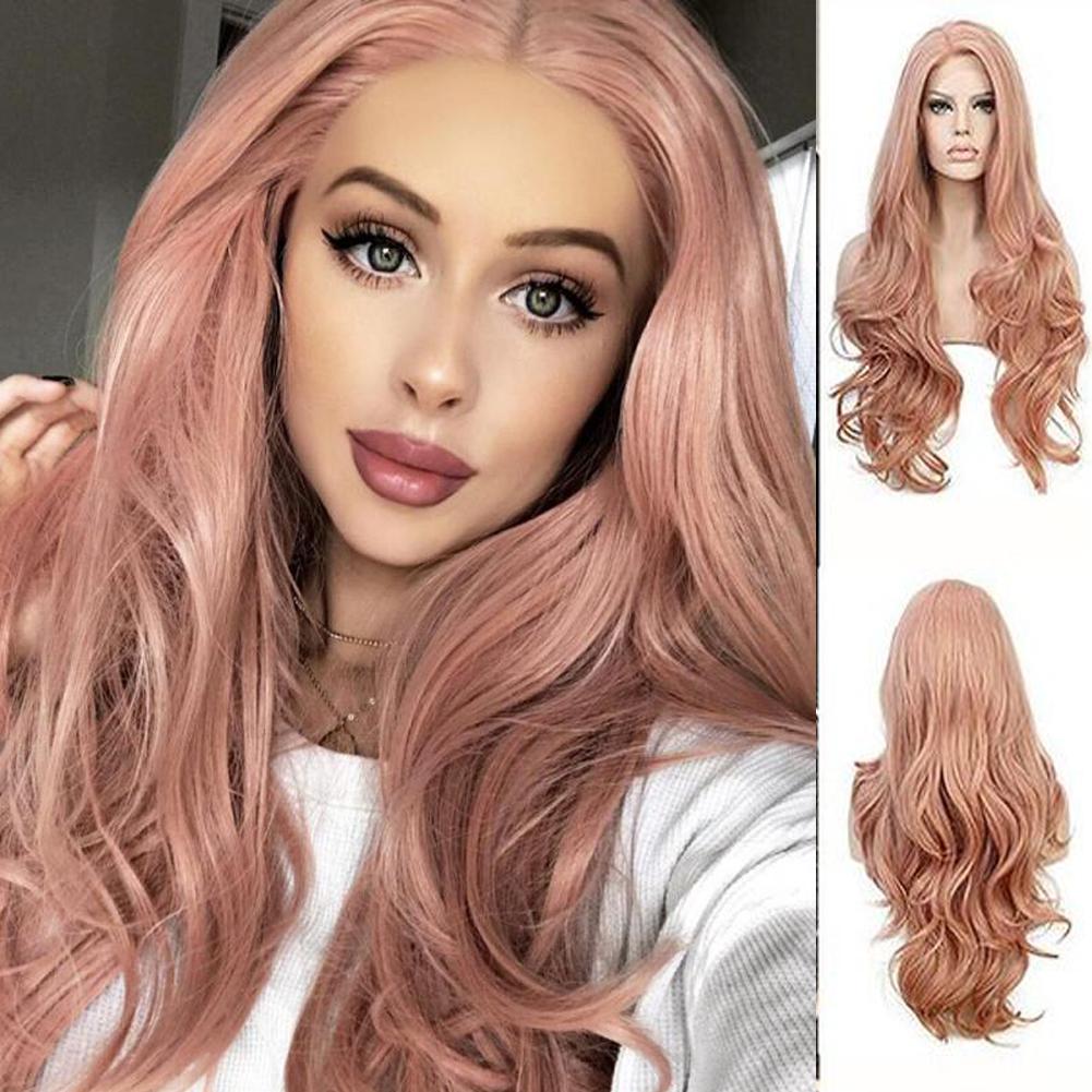 Изображение товара: DLME Длинный розовый объемный волнистый синтетический парик с естественной линией волос Косплей парик Лолиты термостойкий ежедневный парик для чернокожих женщин