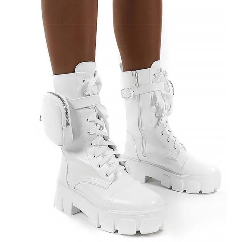 Изображение товара: Женские ботинки на массивной платформе, кожаные белые мотоциклетные ботинки с карманами, Ботильоны на каблуке, осень 2020
