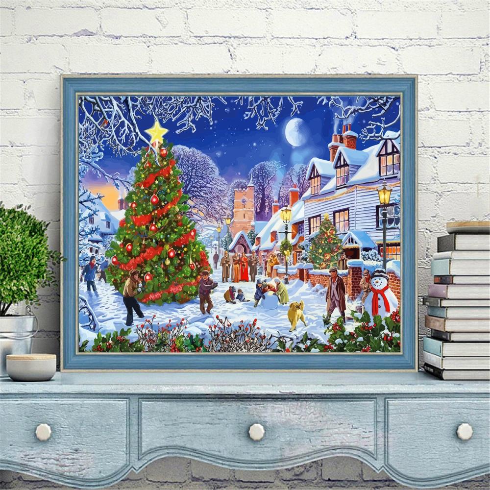 Изображение товара: HUACAN картина по номеру дерево рисунок на холсте DIY картинки по номеру Рождественский пейзаж Ручная роспись украшение дома подарок