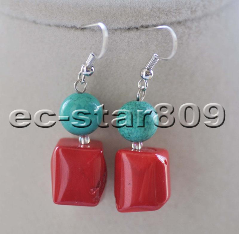 Изображение товара: S2341 15mm Massive Red Coral Turquoise Bead Dangle Earring