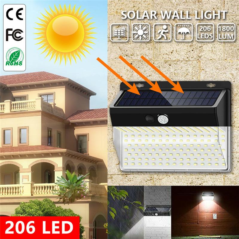 Изображение товара: 206 светодиодный светильник на солнечных батареях на открытом воздухе, 3 режима, настенный светильник на солнечных батареях с датчиком движения PIR, садовый светильник, водонепроницаемая Солнечная уличная лампа
