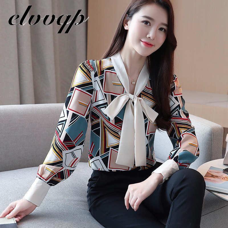 Изображение товара: Блузка женская шифоновая с принтом, повседневная Облегающая рубашка в Корейском стиле, модный элегантный офисный Топ с длинным рукавом, уличная одежда, на осень