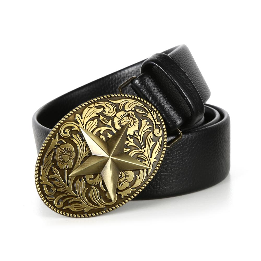 Изображение товара: Western cowboy retro flower belt five-pointed star zinc alloy belt buckle PU leather belt men and women same style