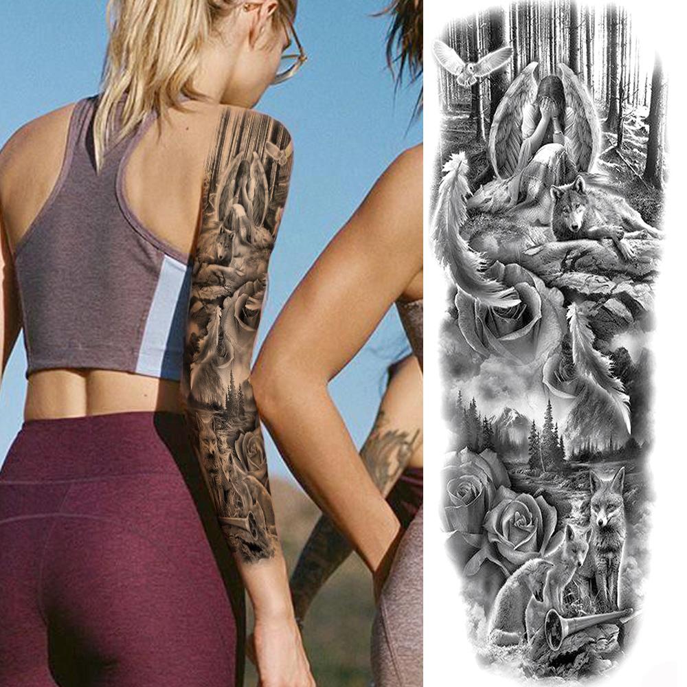 Изображение товара: Временные татуировки на всю руку для женщин, мужчин, для взрослых, 3D угол, компас, цветок, голубь, цветок, искусственная птица, бабочка, черные Большие Татуировки