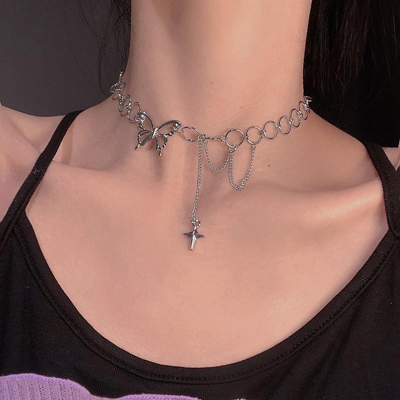 Изображение товара: Ожерелье-бабочка, Женское Ожерелье-чокер, цепочка с кисточкой, женская подвеска-крест серебряного цвета, модные корейские ожерелья из нержавеющей стали