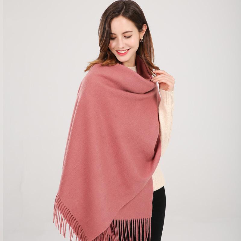 Изображение товара: Женский шарф-шаль из 100% натуральной шерсти, зимний теплый шарф из пашмины с кисточками, кашемировый шарф, однотонные шерстяные шарфы, накидки
