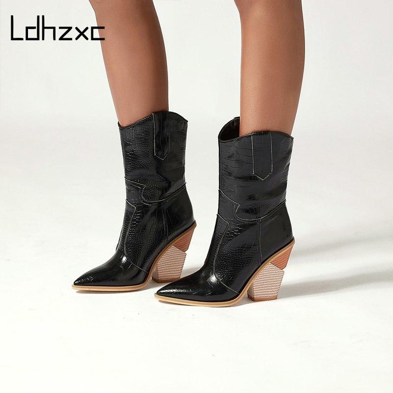 Изображение товара: Новинка 2020, женские ботинки LDHZXC, осенне-зимняя обувь, женские короткие ботинки на толстом высоком каблуке, модные женские ботильоны большого размера 42 43