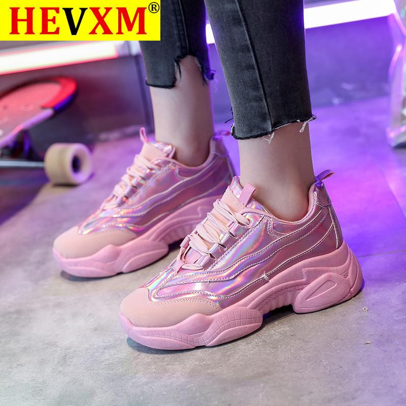 Изображение товара: HEVXM/модные кроссовки на платформе; Женская Вулканизированная обувь; Повседневные массивные кроссовки на шнуровке; Женская обувь на платформе; Цвет красный, розовый, серебристый