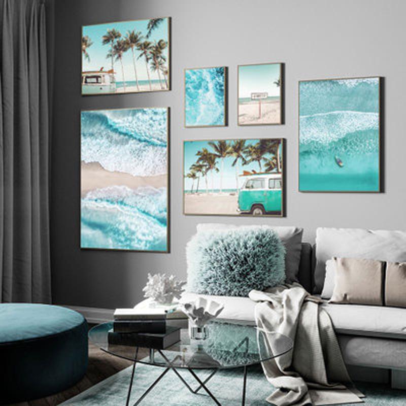 Изображение товара: Декоративная пляжная фотография на холсте, постер с изображением Морского Пейзажа голубого цвета, волны, печать на холсте, Пляжная Настенная картина