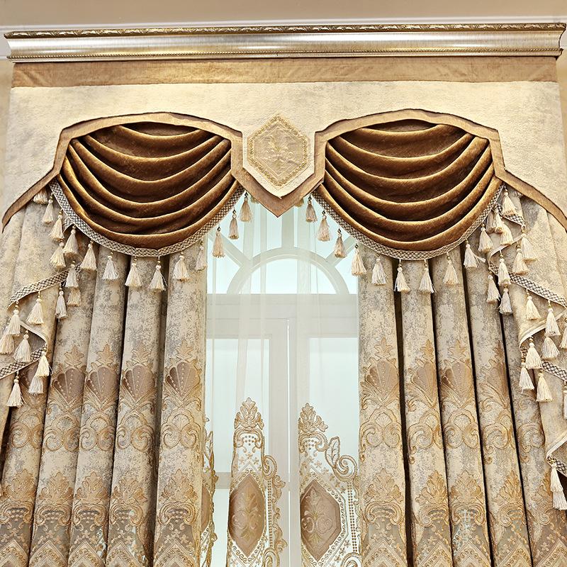 Изображение товара: Европейские Роскошные бежевые шторы с вышивкой для гостиной, плотные шторы из синели, бархатная ткань, французские оконные шторы JS284C