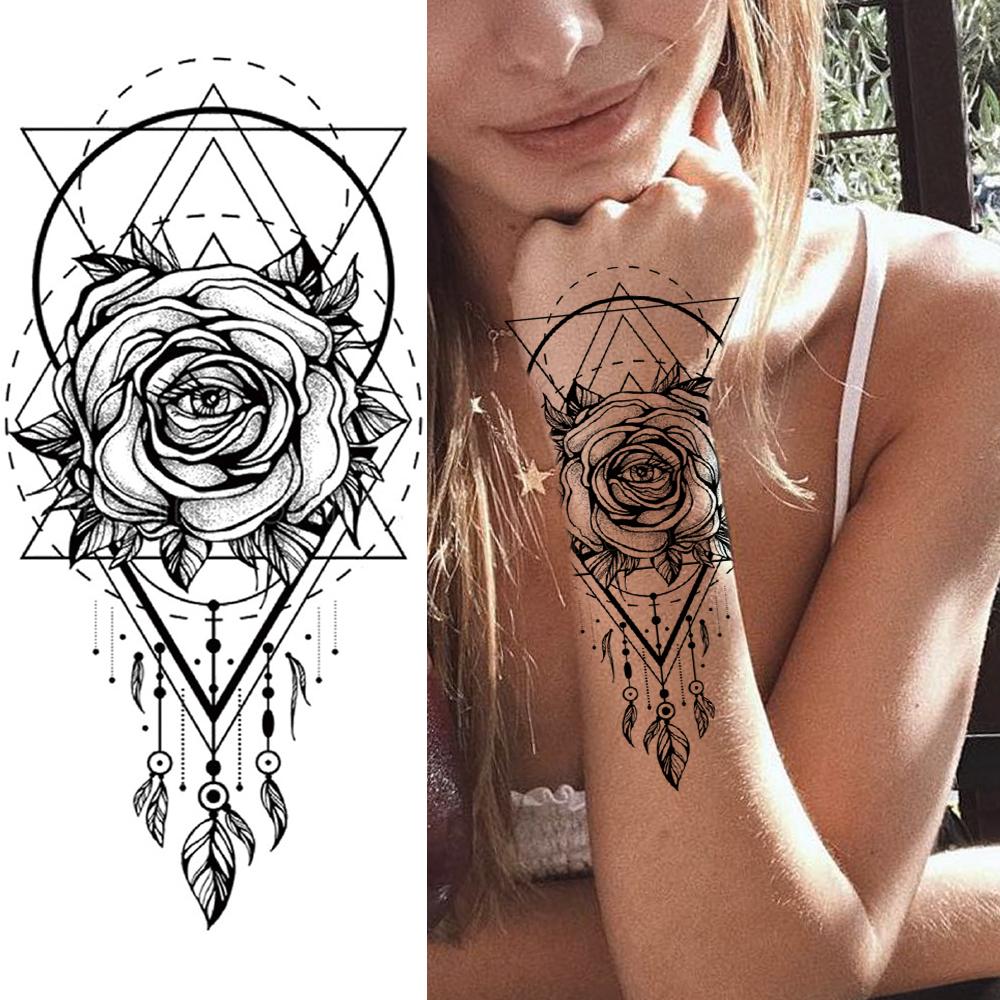 Изображение товара: Большой черный искусственный цветок, реалистичные тату-наклейки для женщин, леди, взрослых, роза, Азалея, перо, Временные татуировки, водонепроницаемые татуировки