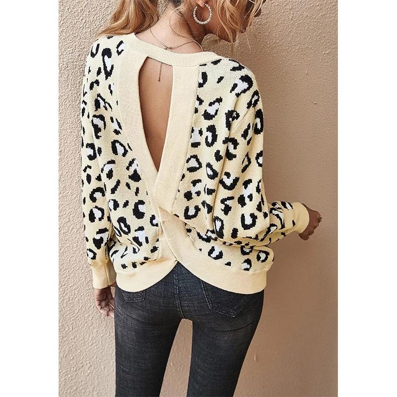 Изображение товара: Женский свитер с длинным рукавом и открытой спиной, с леопардовым принтом и круглым вырезом, Осенний пуловер MX0003