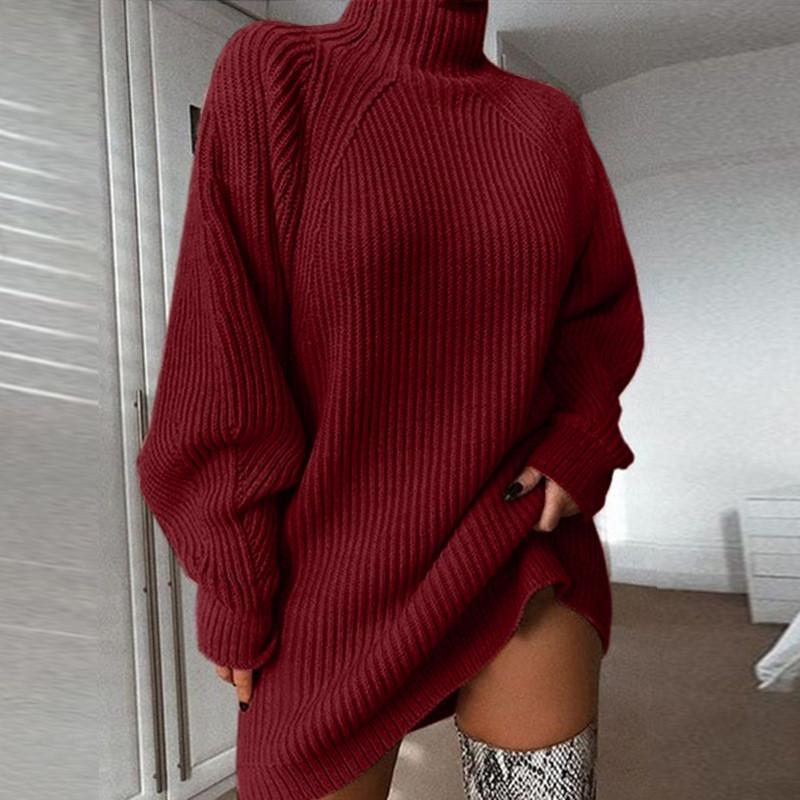 Изображение товара: Новое осенне-зимнее женское модное однотонное трикотажное платье-свитер с высоким воротом, Повседневное трикотажное платье-свитер средней длины с рукавами реглан