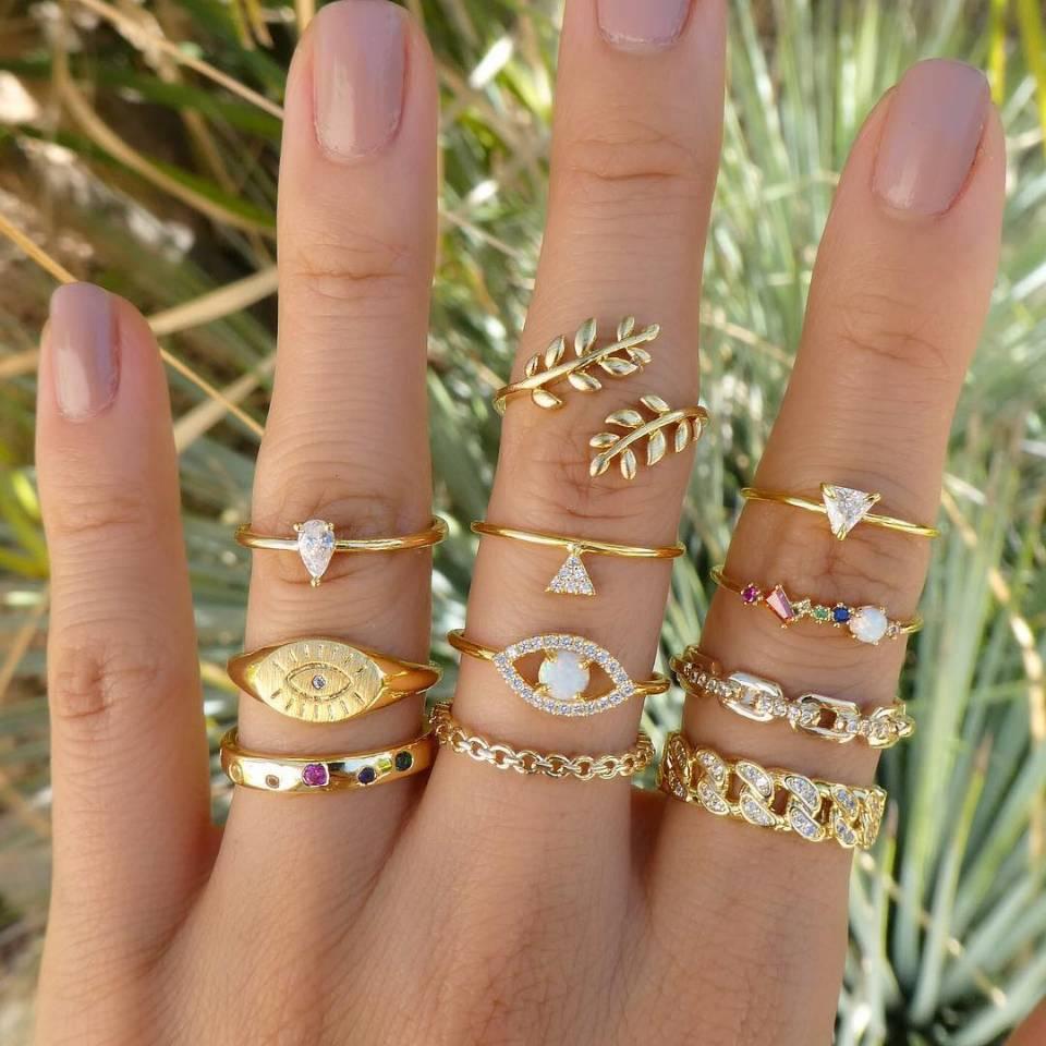 Изображение товара: На фаланги, бохо Кольца Листья Луна пустотелые геометрические набор колец для женщин Опал Кристалл Миди палец кольцо женские богемные ювелирные подарки