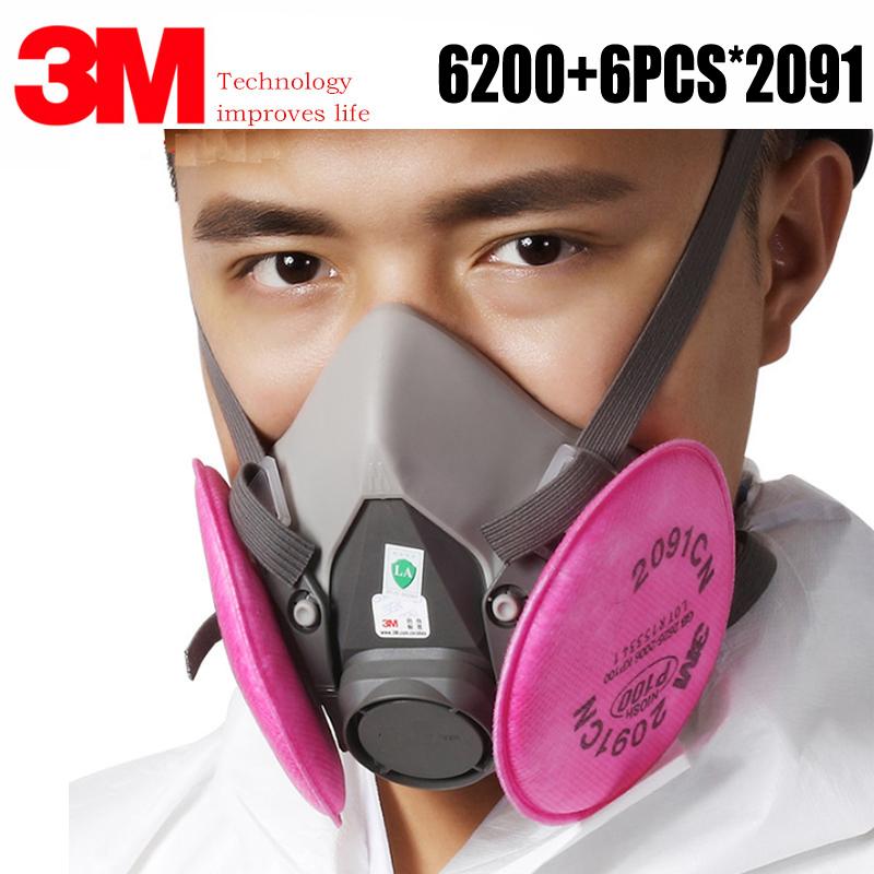 Изображение товара: Пылезащитная маска 7 в 1, Пылезащитная Маска 3M 6200 для распыления краски с фильтром 2091 P100, промышленная Пылезащитная защитная маска из частиц PM2.5 с кислотой