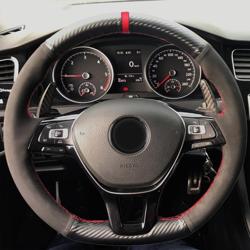 Изображение товара: Черное углеродное волокно кожа замша DIY ручной работы крышка рулевого колеса для Volkswagen VW Golf 7 Mk7 новые поло Jetta Passat B8