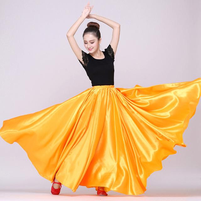 Изображение товара: Adult Woman Dancer Performance Belly Dance Skirt Solid Color Shining Big Swing Gypsy Female Spanish Flamenco Dress Wholesale