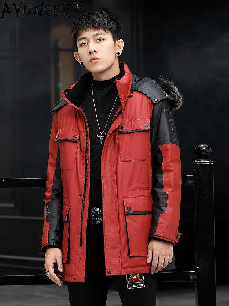 Изображение товара: Мужская кожаная куртка AYUNSUE, с капюшоном, воротником из натурального меха енота, в Корейском стиле, для зимы, LXR1003