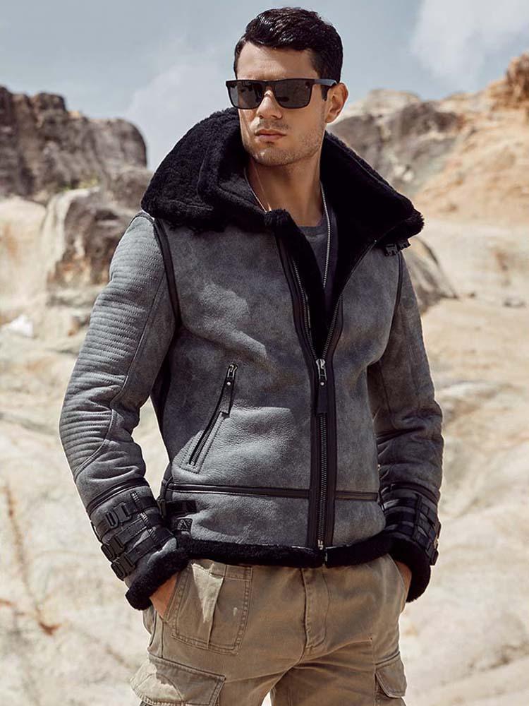 Изображение товара: Новинка, Мужское пальто из овчины B3, куртка-бомбер, короткое пальто с мехом, серая кожаная куртка, мотоциклетная куртка, пальто из натуральной овчины