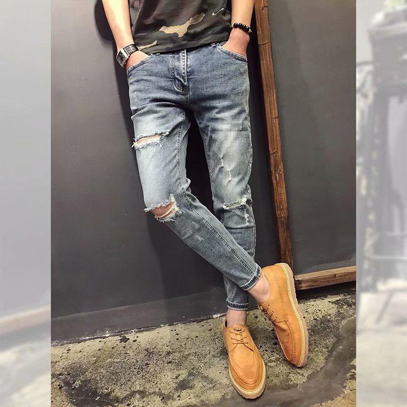 Изображение товара: Оптовая продажа 2022 джинсы для подростков мужские модные брендовые укороченные брюки корейские повседневные шаровары узкие модные брюки-карандаш для парней