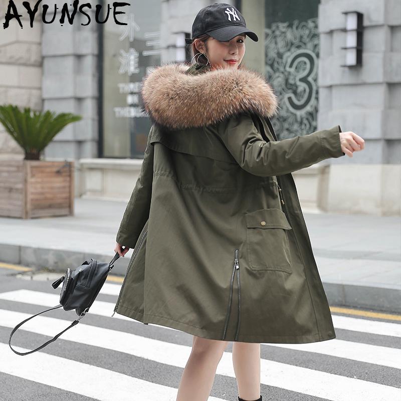 Изображение товара: AYUNSUE Женская парка с подкладкой из натурального кроличьего меха 2020 зимняя куртка женская с воротником из меха енота корейские длинные пальто MY3678