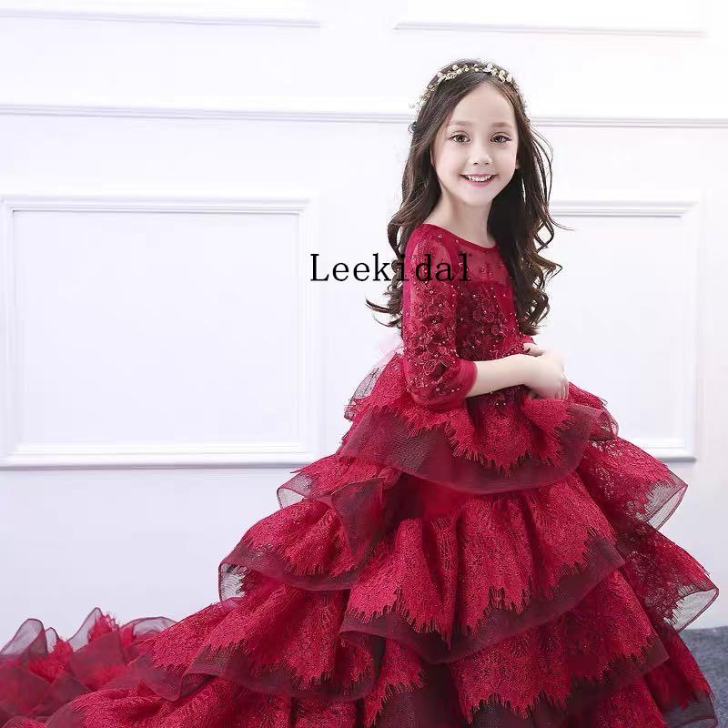 Изображение товара: Красные многоярусные Детские платья для девочек знаменитостей с длинным рукавом, стандартные красные платья для девочек на день рождения