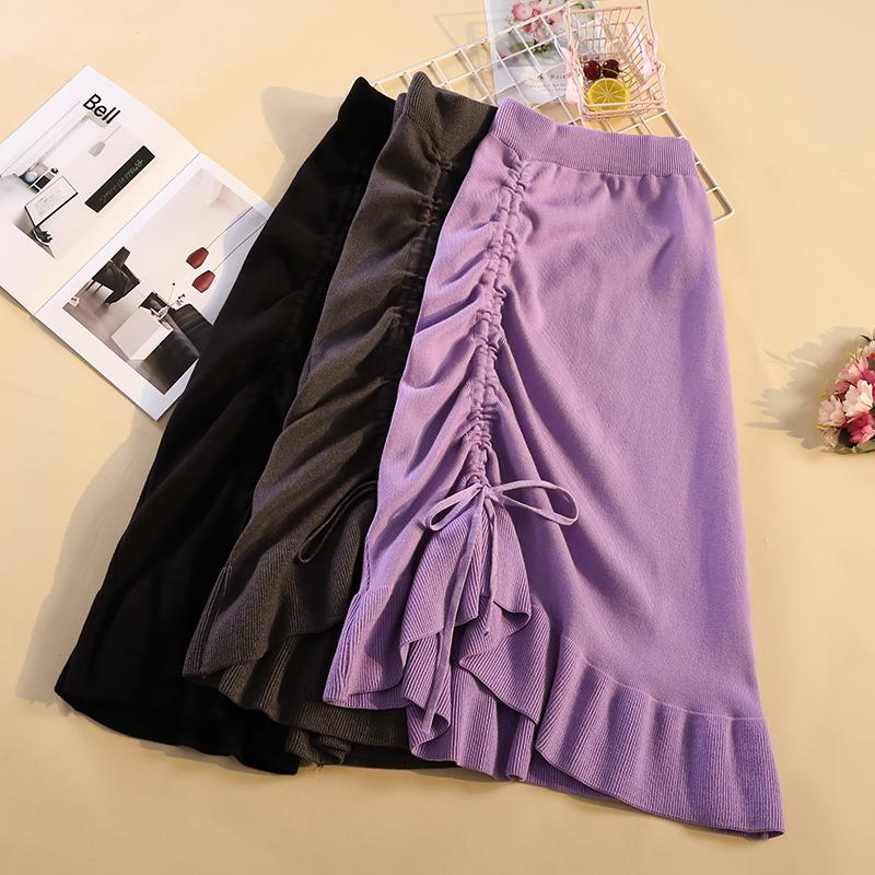Изображение товара: Черная длинная однотонная трикотажная Женская юбка с оборкой большого размера, Корейская винтажная Женская юбка большого размера d, женская осенняя одежда D0437