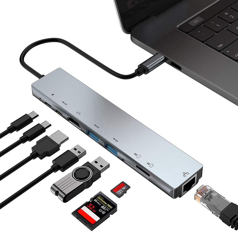 Изображение товара: USB-концентратор 8 в 1, многопортовый адаптер Type-C с 4K HDMI портом, Ethernet 1000 Мбит/с, порт RJ45, Подача питания USB-C, карта памяти TF/SD