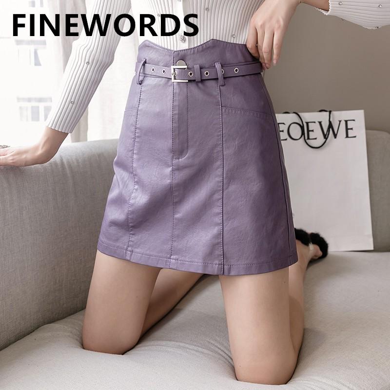 Изображение товара: Винтажная Корейская фиолетовая Женская юбка FINEWORDS из искусственной кожи с поясом, зимние юбки с высокой талией, Повседневная Уличная мини-юбка-карандаш из кожи